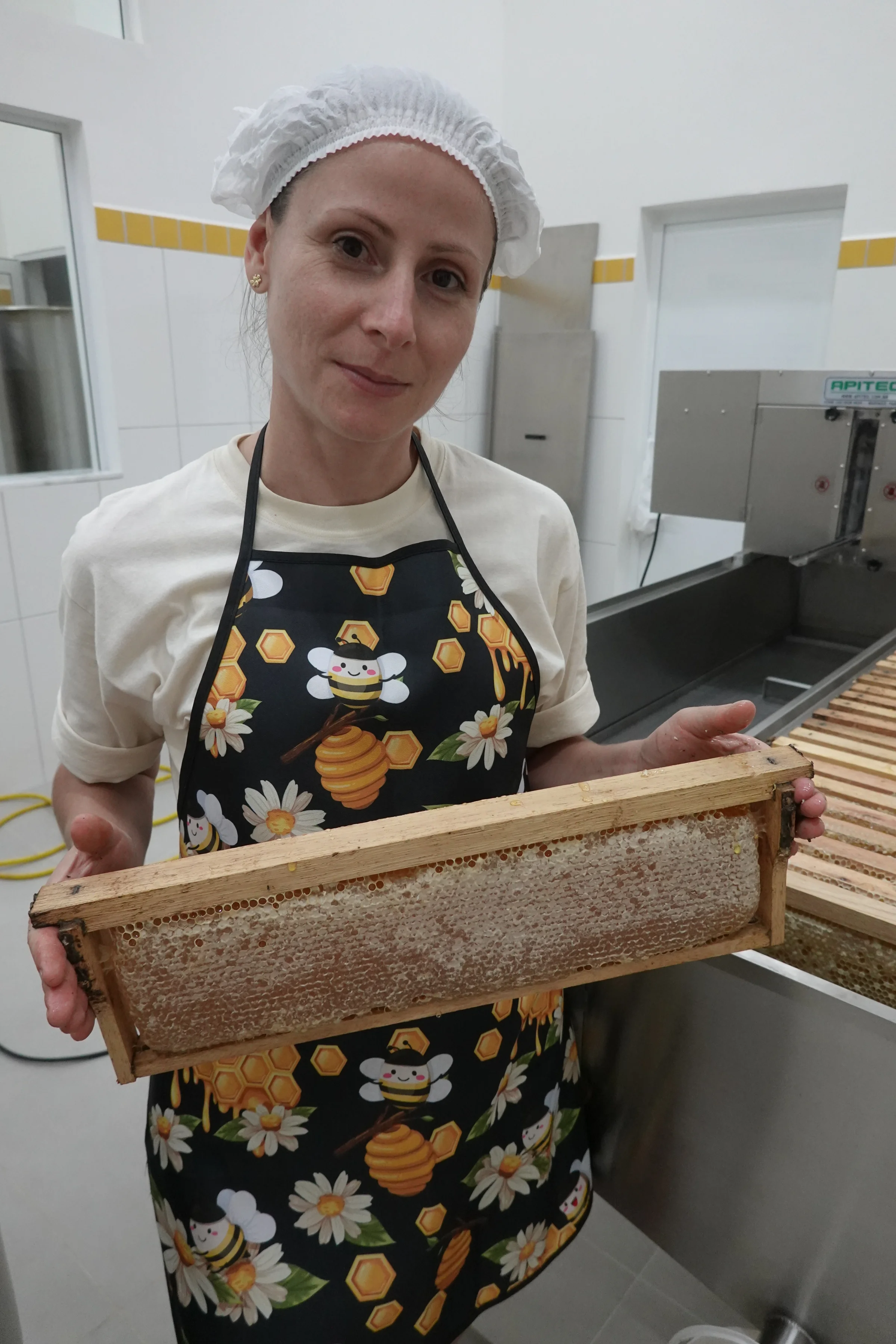 Apicultora com quadro de mel