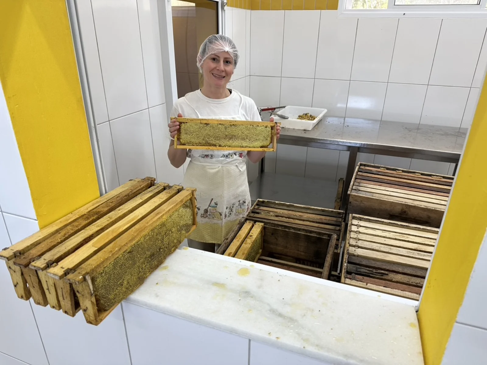 Apicultora segurando quadro de mel da reserva